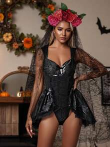 Day Of The Dead Costume For Women Vintage Sleeveless Corset Bodysuit And Veil Flower Headband Set - 黑色 - 查看 1