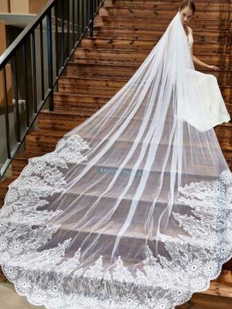 White Three-Meter Long Train Bridal Veil Soft Net Hair Comb With Carcass Lace For Wedding Photography, Double-Layered, (Gift, Face Veil,)