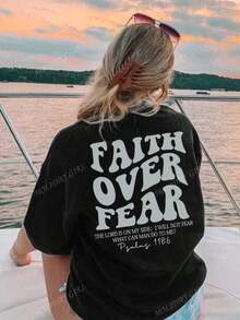 180g Faith Over Fear Christian Graphic-Shirt |   Women's Casual Vacation Bible Verse Tee |   Summer Round Neck Short Sleeve Top Summer-Shirt Women Casual Loose Top Letter Print Tee - 黑色 - 查看 7