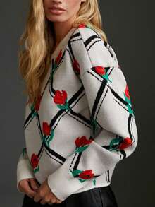 Women's Knitted Sweater Floral Print Long-Sleeved Crew Neck Pullover Autumn/Winter Model - White - View 3