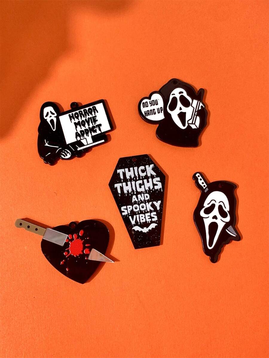 5/10 件万圣节亚克力工艺品 DIY 配件,有趣个性化风格恐怖尖叫骷髅、乌鸦、心形、棺材、刀形耳环、项链吊坠、悬挂装饰 - 黑色 - 查看 1