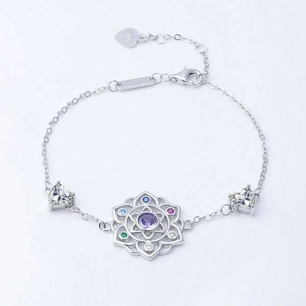 1pc 925 Sterling Silver Simple Elegant Colorful Zirconia Lotus Heart Bracelet, Suitable For Daily Wear, Gifts For Family And Friends On Holidays And Birthdays