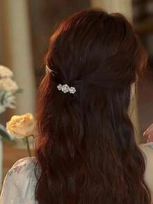 1件新款法式花朵水钻滴油迷你侧夹刘海发夹配饰，花朵发饰，派对配饰，爪夹，发爪，发夹，发卡，发夹，女士度假装扮，派对造型，头部配饰，发卡 - 粉色 - 查看 2