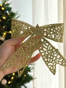 5pcs/1pc Christmas Bow Tree Topper Decorations, Christmas Tree Ornaments, Glitter Artificial Christmas Bows, DIY Wreath, Home Decor, Wedding Party, Christmas Gift Box Decor, Holiday Party Decorations, Christmas/Holiday/Seasonal/Wedding Christmas Tree Decor, Glittering Christmas Wooden Shrub Decorations