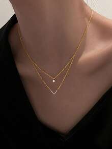 1 件闪亮双层 V 形吊坠项链，适合女士，时尚个性化奢华风格精致颈链，适合日常佩戴和节日礼物 - 金色 - 查看 3