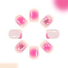 24Pcs Short Square Press On Nails Pink Gradient French Tip Nails With 3D Flower Ripple Design Glue On Nails Glossy Acrylic Nails Summer Full Cover Stick On Nails Women Girls Daily Wear - 鍍鉻金星弓-2 - 查看 11