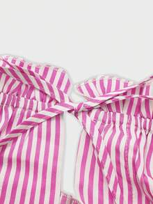 2pcs/Set Women Striped Pants And Striped Front Tie Ruffle Hem Crop Top, Pink - Pink - View 10