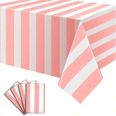1 包粉色白色条纹桌布，54 x 108 英寸防水一次性塑料桌布，长方形桌布，适合生日圣诞狂欢节马戏团主题派对