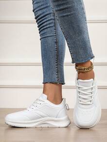 Tênis Feminino Plus Size De Cano Baixo, De Branco, Com Cadarço, Para Atividades Ao Ar Livre, Tênis De Corrida Casual Antiderrapante E À Prova D'Água, Adequados Para Primavera, Outono E Todas As Estações - Branco - Ver 3