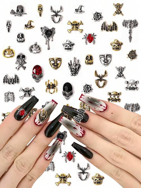 30/50Pcs Halloween Nail Decoration Retro Dark Wind Skull Vampire Nail Jewelry Halloween Nail Art Gothic Random Mixed Jewelry Nail Supplies Nails Nail Charms Nail Gems