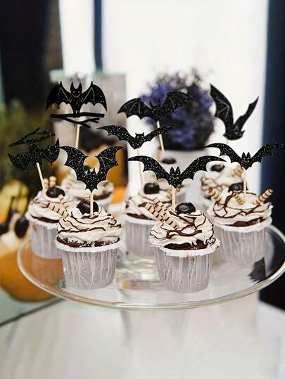 万圣节蝙蝠纸杯蛋糕装饰，万圣节和生日派对装饰，黑色闪光蝙蝠|万圣节配饰，黑色闪光蝙蝠万圣节纸杯蛋糕装饰，适用于万圣节生日纸杯蛋糕和怪异甜点桌装饰，节日糖果点缀，闪亮效果，万圣节主题派对的耐用装饰
