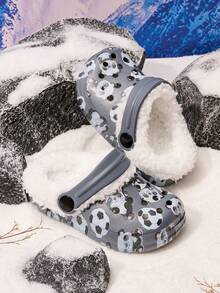 1 双男童可爱足球熊猫印花保暖防滑室内拖鞋，适合冬季 - 深灰色 - 查看 2