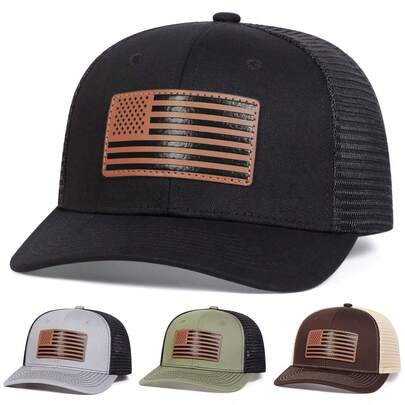 1Piece Men American Flag Brown Leather Patch Hat Baseball Cap Mesh Hat Outdoor Adjustable Sunscreen Leisure Hat Spring Autumn Travel Tourism Beach Vacation