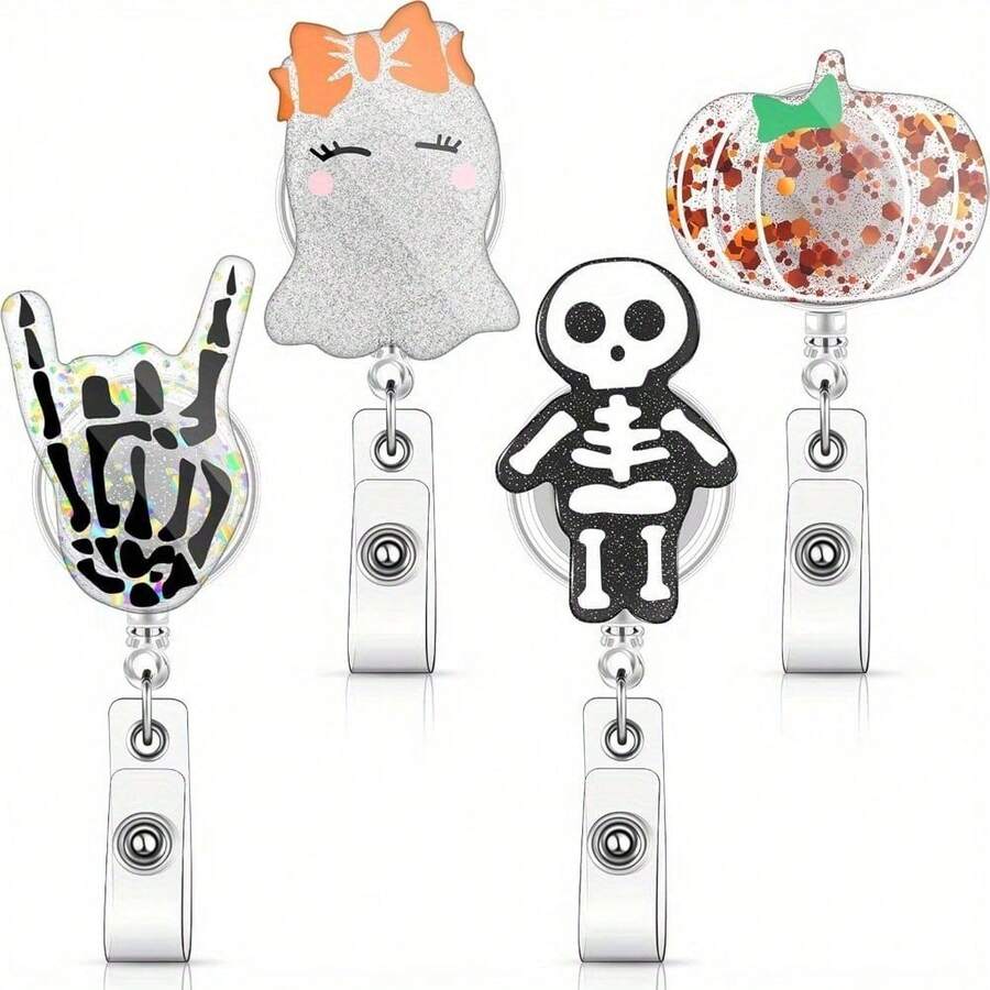 4 Pieces Halloween Retractable Badge Reel Acrylic Ghost Pumpkin Badge Holder Nurse ID Badge Holder With Alligator Clip Glitter Halloween Decorative Badge Reel For Student Teacher Doctor Nurse - 4PCS - View 1