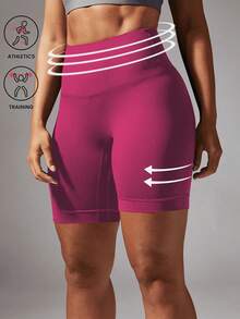 Plus Size Women High Waist Solid Color Casual Fitness Shorts - Hot Pink - View 1