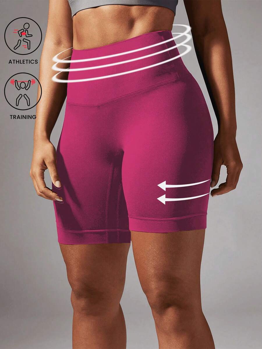 Plus Size Women High Waist Solid Color Casual Fitness Shorts - Hot Pink - View 1