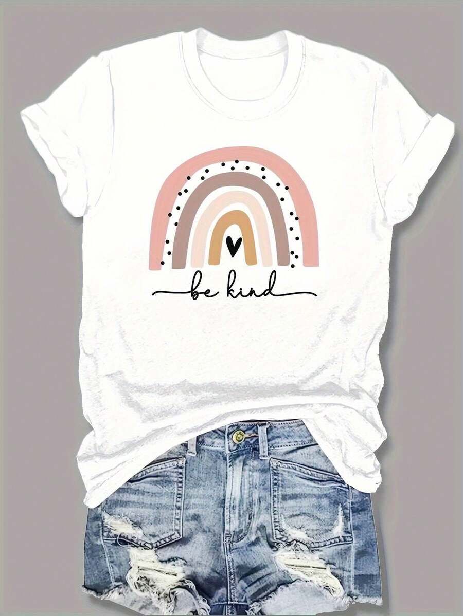 Camiseta con estampado de arcoíris, Camisa casual de cuello redondo y manga corta para verano y primavera, Ropa para mujer