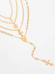 Set de 4 piezas Collar con colgante de metal en forma de cruz sexy, Collar gargantilla elegante en forma de Y con cuentas de perlas en capas, Adecuado para fiesta, regalo, ir al trabajo, uso diario