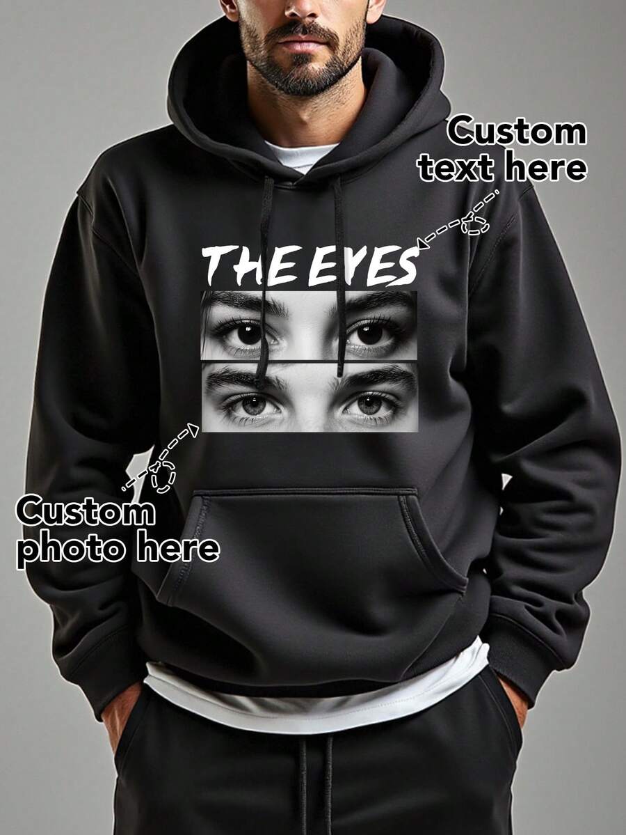 Customized Photo & Text Men's Hoodie, Upload Your Personal Landscape/Anime/Lover/Family Photos, Text/Name/Blessing/Holiday/Anniversary, Fall Winter