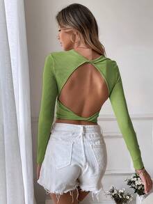 Sexy Backless Tops For Women Y2k Style Long Sleeved Ribbed Knit Crop Cut Top Slim Fit Round Neck Twisted Back Slim Fit Shirt - màu xanh lá - Xem 2