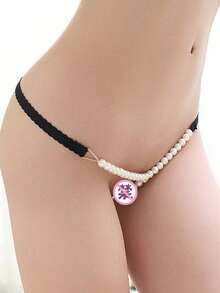 HaoQi 1 件女士珍珠丁字裤低腰内裤比基尼丁字裤内衣细带内裤三角裤性感内衣 - 黑色 - 查看 11