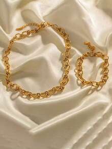 RAYQUEEN 一套不锈钢时尚百搭朋克风金色项链+手链首饰套装，适合日常佩戴和节日礼物 - 金黃色 - 查看 6