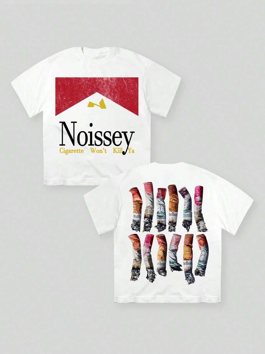 American Retro Y2K! Noissey Cigarette Printed Double Sided 180g Pure Cotton Round Neck Short Sleeve T-Shirt, Funny White Graphic Tee, Breathable, Comfortable And Skin-Friendly Fabrics Suitable For Summer Wear And As A Gift - trắng - Xem 1
