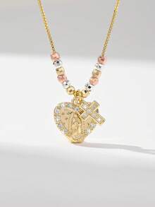 1 chiếc vòng cổ hạt đồng thủ công với hình trái tim ba màu mạ điện, mặt dây chuyền thánh giá Đức Mẹ Guadalupe, thích hợp làm quà tặng cho người yêu, bạn bè, đeo hàng ngày hoặc lễ hội, cầu nguyện - Vàng - Xem 10