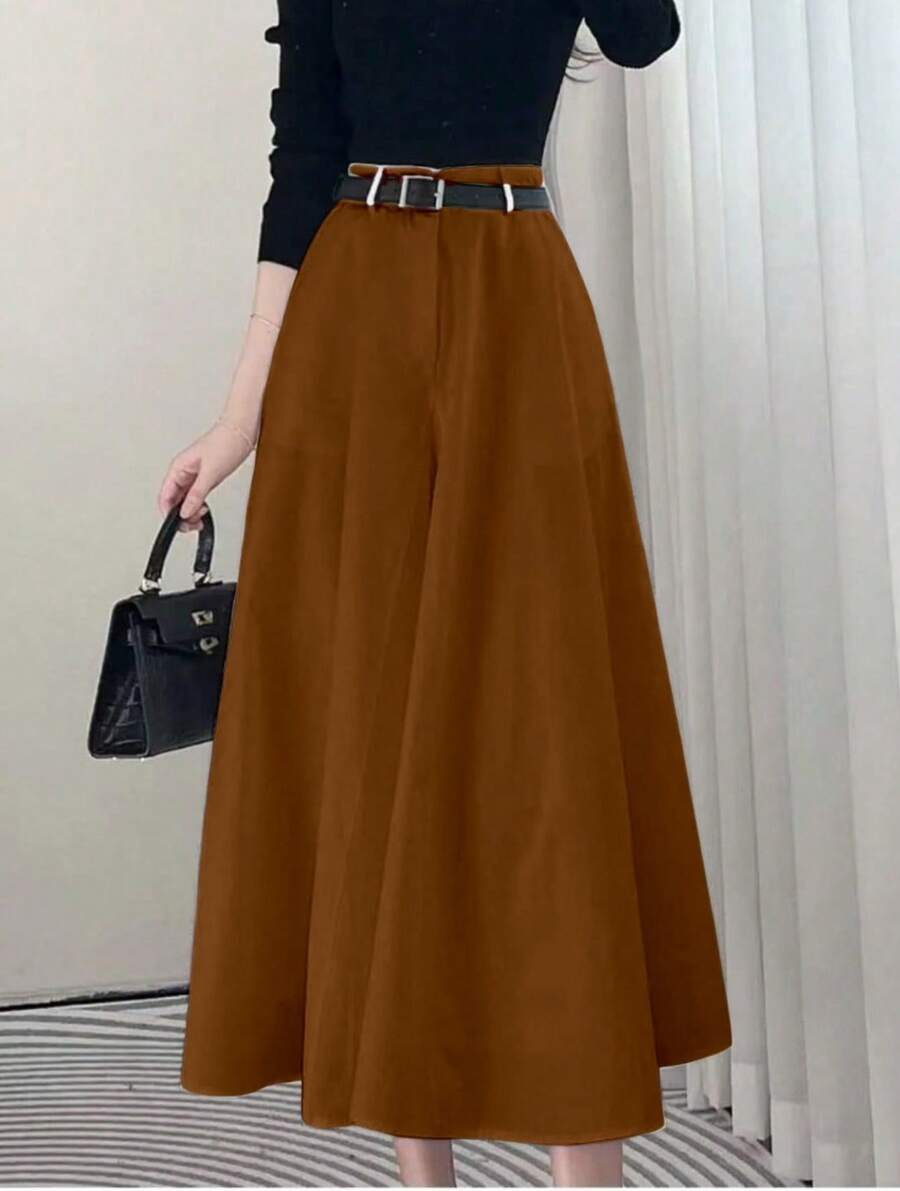 Solid Color High Waist Skirt With Pockets On Both Sides And Wide Hem - Mocha Brown - View 1