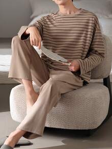 AICJ 2 件男士休闲宽松条纹圆领长袖套头衫和长裤睡衣套装，适合派对、居家、旅行、春季、秋季、冬季、秋季服装