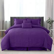 Lux Decor 10-Piece Down Alternative Seersucker Comforter Set, Soft Lightweight Breathable Bedding With Comforter, Sheets And Pillowcases, Comfortable All-Season Hotel Style Bed Set For Bedroom, Guest Room And Dorm - 紫色 - 查看 1
