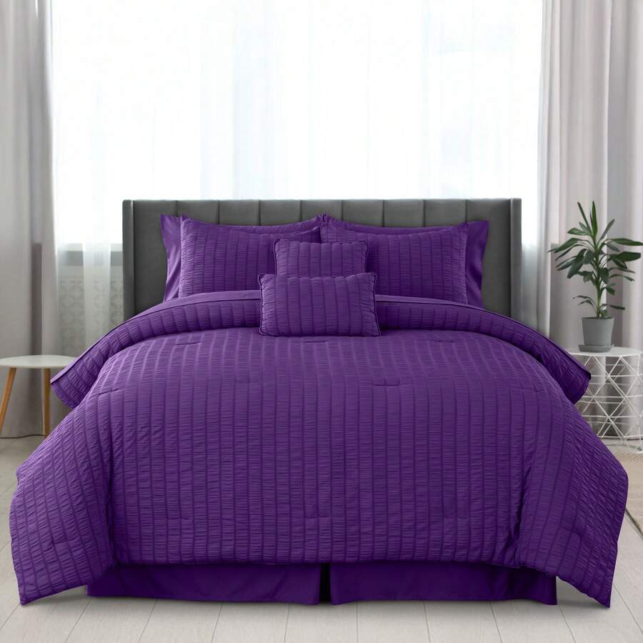 Lux Decor 10-Piece Down Alternative Seersucker Comforter Set, Soft Lightweight Breathable Bedding With Comforter, Sheets And Pillowcases, Comfortable All-Season Hotel Style Bed Set For Bedroom, Guest Room And Dorm - 紫色 - 查看 1