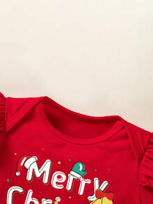 3件套圣诞宝宝套装，印花圣诞主题长袖连体衣、裙子、发饰套装，婴儿圣诞假日派对服装 - 紅色 - 查看 4