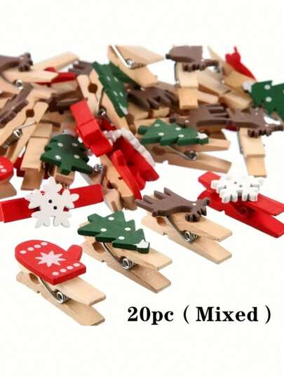 10/20pcs Random Style Wooden Christmas Clothespins - Mini Decorative Craft Pegs For Photo Hanging, Wedding Embellishments - Multifunctional Holiday Shapes Clip Set For Party, Birthday, Home Decor - Christmas Trees, Gloves, Reindeers, Snowflakes Hanging Accessories Random Style