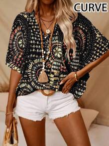 Plus 女式蝙蝠袖印花 V 领衬衫 - 黑色 - 查看 2