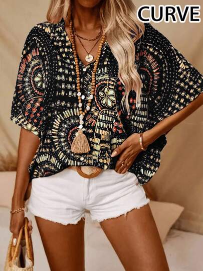 Plus 女式蝙蝠袖印花 V 领衬衫