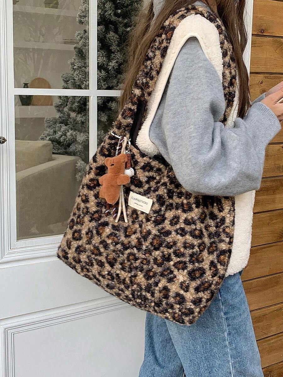 FRIFUL Bolso de mano de peluche de estampado de leopardo para mujer, nueva llegada del otoño 2025, estilo para ir al trabajo y al campus, bolso de hombro de gran capacidad, bolso de piel sin colgante