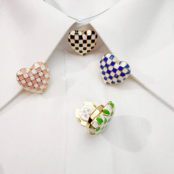 2 Pieces Of Checkered Two-Tone Heart-Shaped Button Covers, Decorative Button Covers For Men's And Women's Shirts, Multiple Color Options, No Sewing Required, Can Be Worn In 3 Seconds, Suitable For Everyday Office Wear, Dates, And Business Holiday Gifts. Holiday Gifts