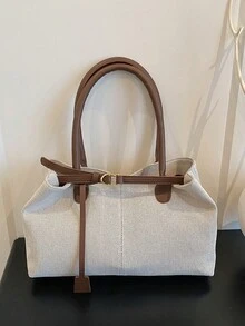 1 chiếc túi tote vải bố ghép mảnh màu nâu cà phê, dung tích lớn, trang trí quai đeo, túi đeo vai nữ, túi đi biển. - Cà phê nâu - Xem 3