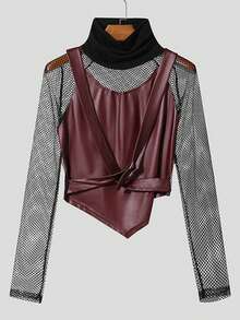 INCERUN Mens High Neck Long Sleeve Mesh Patchwork Shirt Asymmetrical  Hem Party Club Blouse T-Shirt Tops - 紅色 - 查看 3