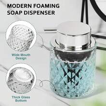 Modern Diamond-Cut Glass Foaming Soap Dispenser With Silver Pump, Refillable Bathroom Hand Wash Bottle, Thick Glass Base & Wide Mouth Design