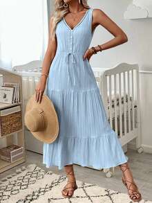 Women's Summer Casual Tank Dress Sleeveless V Neck Button Solid Color Beach Dresses - màu xanh da trời - Xem 2