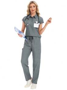 2pcs Women's Collared Multi-Pocket Top And Pants Scrubs Uniform Set, Nurse Scrubs Workwear For Dentist, Healthcare, Laboratory Spring Fall - Grey - View 9