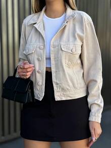 Women's Denim Jeans Jacket Long Sleeve With Pocket And Buttons On The Front Fashion 2025 - 米色 - 查看 3