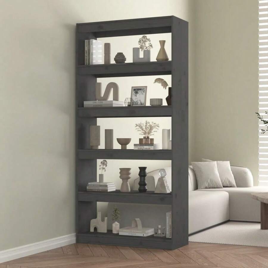 Bücherregal/Raumteiler Grau 80x30x167, 4 cm Massivholz Kiefer - Grau - Übersicht 1