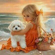 1套40x40厘米/15.7x15.7英寸无框印花布料十字绣DIY套装，包含11/14片印花布料，图案描绘了海边身穿橙色连衣裙的小女孩和小狗，适合成人初学者轻松DIY刺绣。套装包含印花布料、针线、图纸和说明书。手工艺术品，客厅玄关卧室装饰，家居装饰艺术礼品