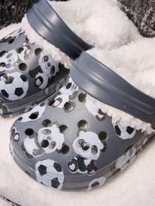 1 双男童可爱足球熊猫印花保暖防滑室内拖鞋，适合冬季 - 深灰色 - 查看 6