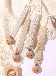 4 piezas de Clips para chupetes de bebé, a cuadros, lunares, unicolor azul/rosa/caqui, clips de chupete de madera con 3 agujeros, aptos para uso diario