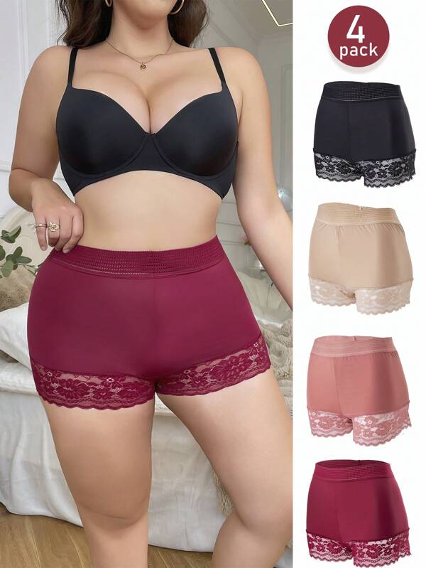 Calcinha sem costura com acabamento em renda, 4 peças, confortável, respirável, altamente elástica, sexy, fashion, elegante e romântica, shorts de cor sólida