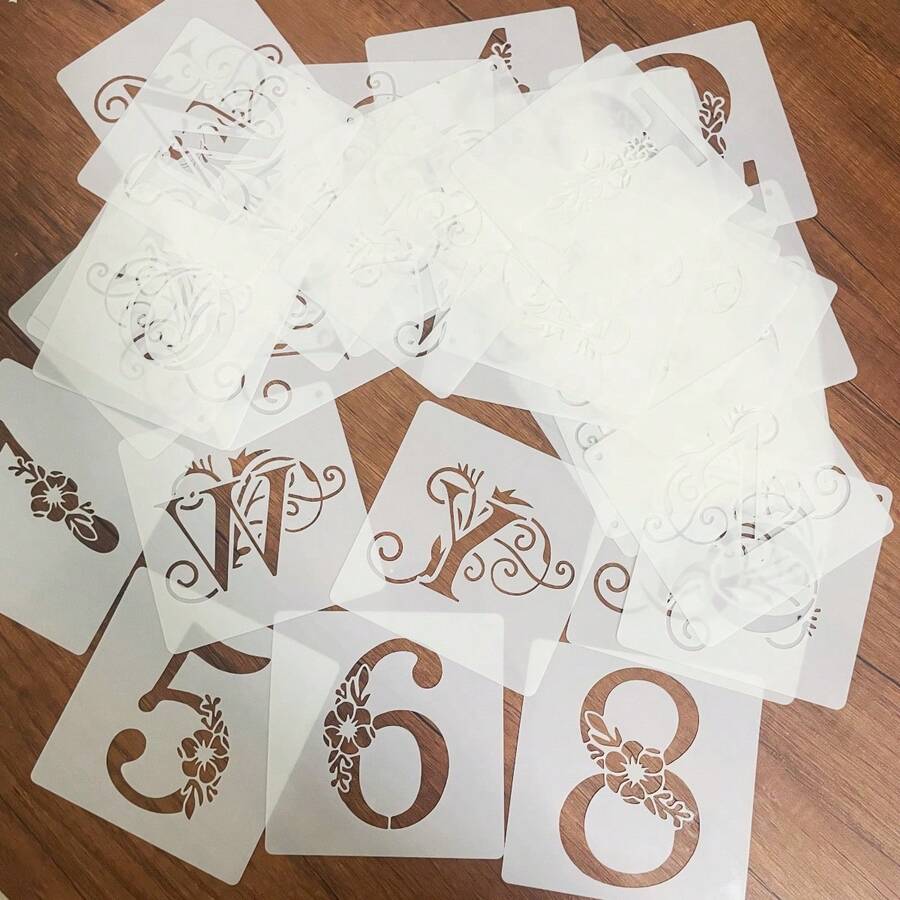 26 件/10 件花卉字母数字模板，4 英寸可重复使用绘画模板，适用于 DIY 工艺品、织物转印、剪贴簿、卡片、雕刻、蚀刻 - 乳白色聚对苯二甲酸乙二醇酯材料 - 均碼 - 查看 1